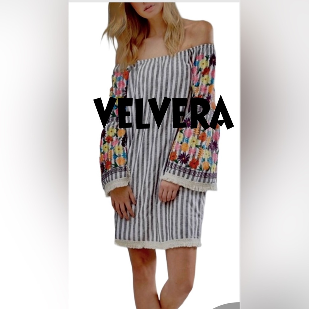 Striped Off-Shoulder Embroidered Sleeves Mini-dress☀️